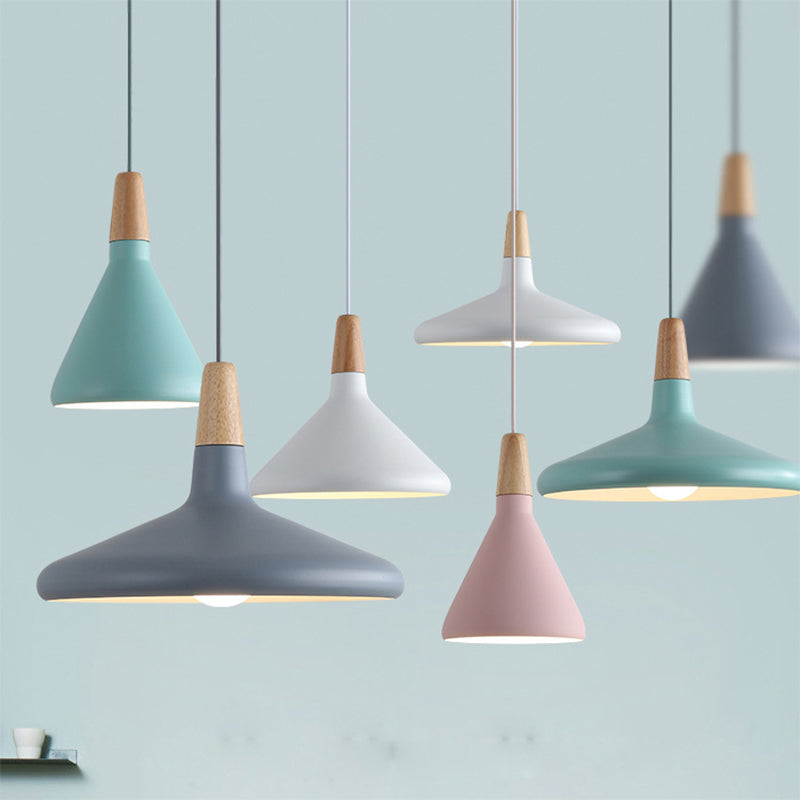 Serenity - Modern Grey/Pink/Green Cone Hanging Lamp Macaron 1 Bulb Aluminum Ceiling Pendant With