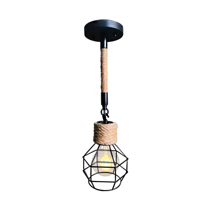 Rustic Wire Cage Adjustable Drop Pendant In Black - Brown Ceiling Hang Light With Rope Accent
