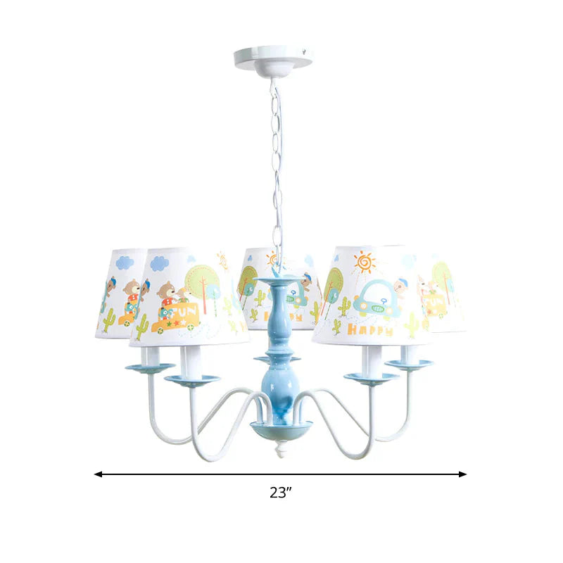 Undertint Tapered Shade Chandelier With Cartoon Pattern 5 Lights Metal Hanging Light For