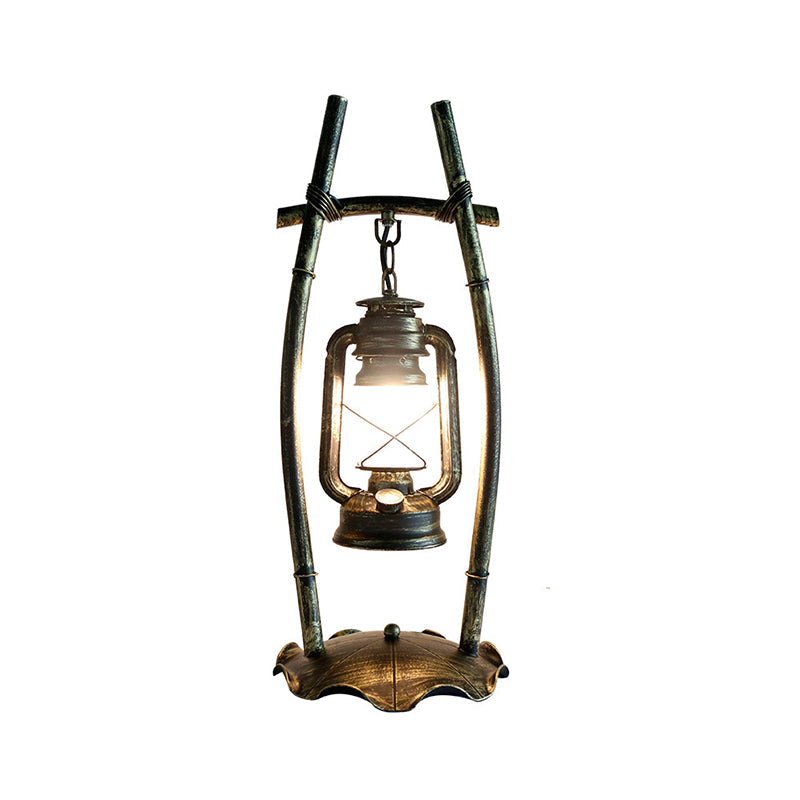 Silvia - Antiqued Brass Farmhouse Night Lamp: Opal Glass Kerosene Table Light