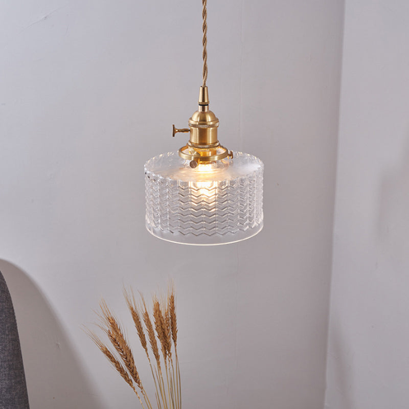 Isabella - Retro Short Cylinder Pendant Lighting 1 Head Clear/Green Wavy Glass Ceiling Hang Lamp