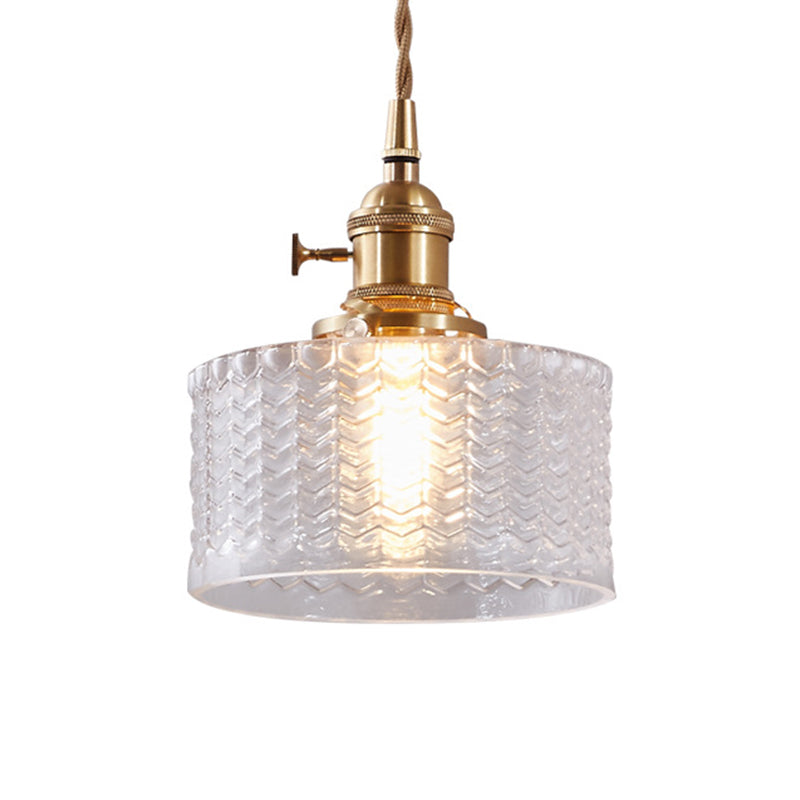 Isabella - Retro Short Cylinder Pendant Lighting 1 Head Clear/Green Wavy Glass Ceiling Hang Lamp