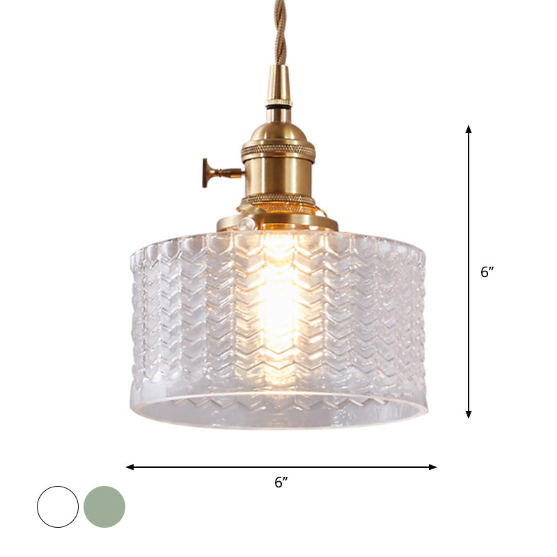 Isabella - Retro Short Cylinder Pendant Lighting 1 Head Clear/Green Wavy Glass Ceiling Hang Lamp