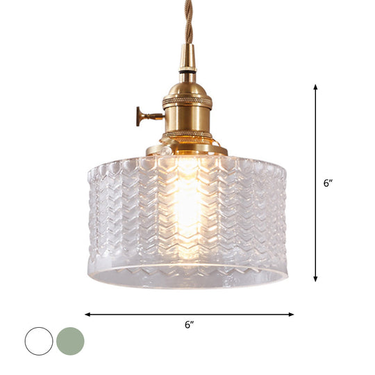 Isabella - Retro Short Cylinder Pendant Lighting 1 Head Clear/Green Wavy Glass Ceiling Hang Lamp