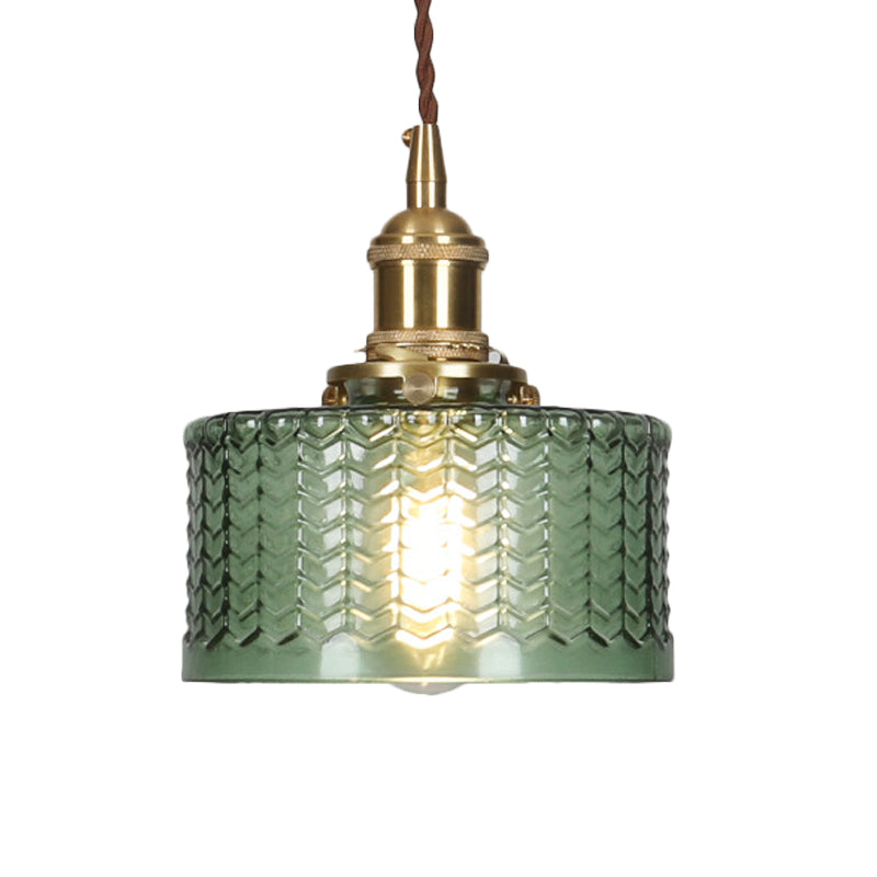 Isabella - Retro Short Cylinder Pendant Lighting 1 Head Clear/Green Wavy Glass Ceiling Hang Lamp