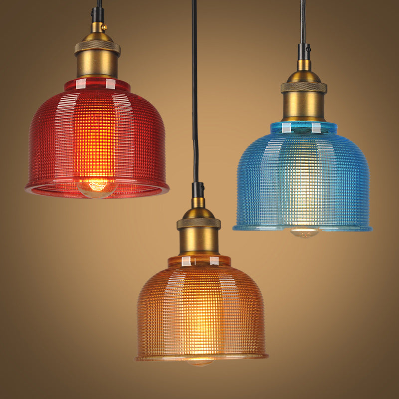 Mila - Retro Style Carillon Pendant Light 1 - Light Red/Orange/Blue Gridded Glass Suspension