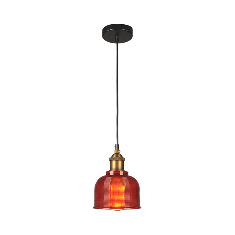 Mila - Retro Style Carillon Pendant Light 1 - Light Red/Orange/Blue Gridded Glass Suspension