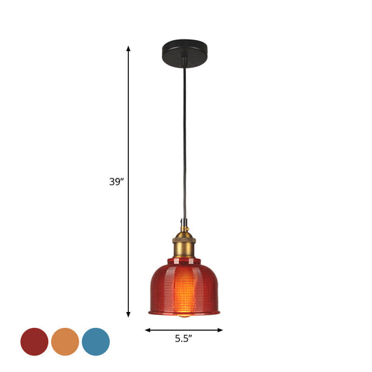 Mila - Retro Style Carillon Pendant Light 1 - Light Red/Orange/Blue Gridded Glass Suspension