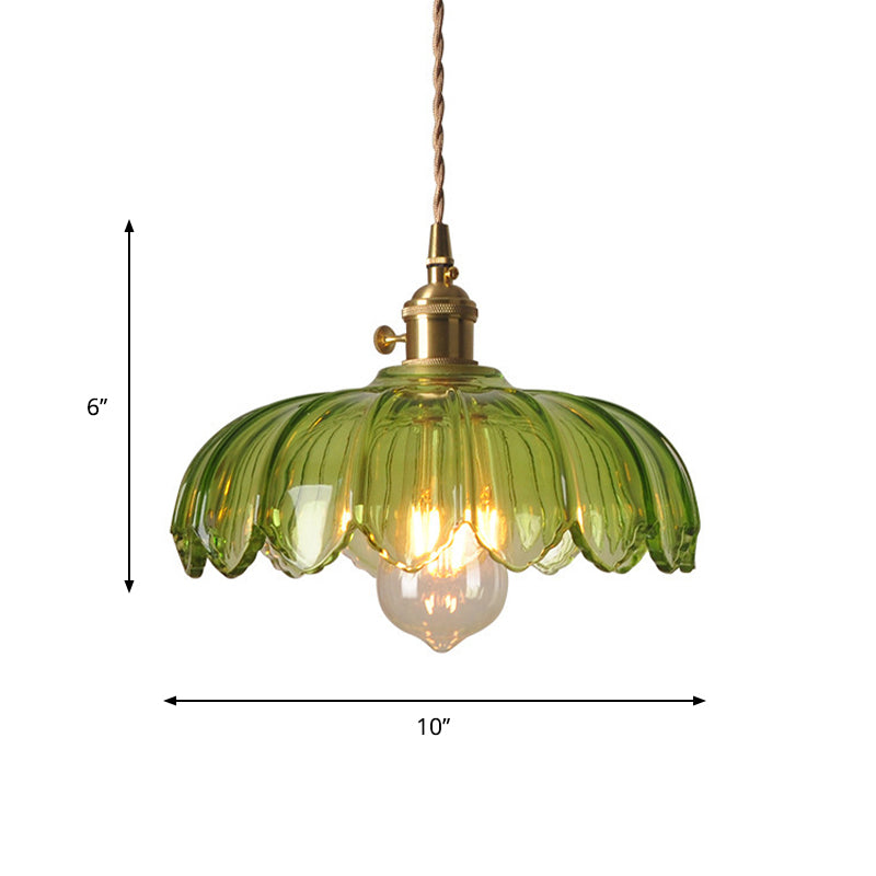 Chiara - Vintage Brass Pendant Light With Green Glass Scalloped Shade