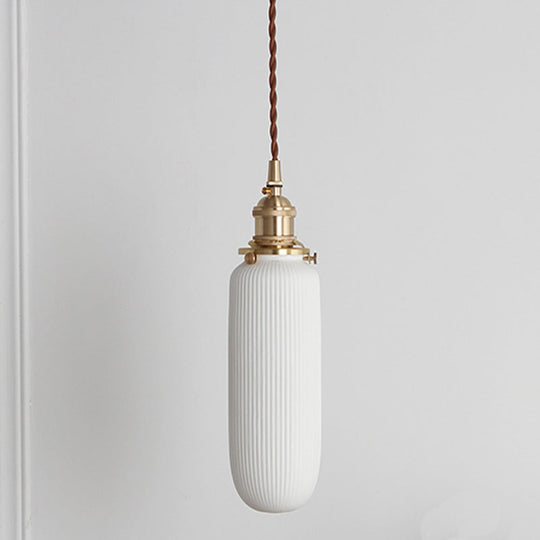 Alice - Rustic Ribbed Capsule Pendant Light In White And Brass / A