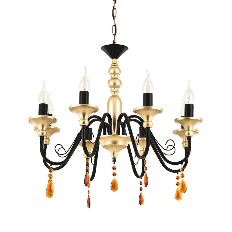 Metal Black - Gold Hanging Light Candelabra 3/5/8 Heads Farmhouse Pendant Chandelier With Amber