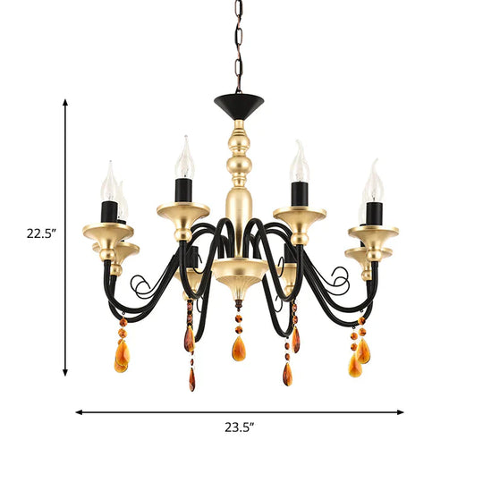 Metal Black - Gold Hanging Light Candelabra 3/5/8 Heads Farmhouse Pendant Chandelier With Amber