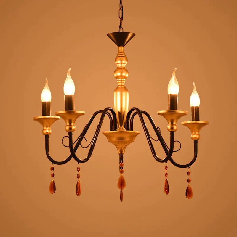 Metal Black - Gold Hanging Light Candelabra 3/5/8 Heads Farmhouse Pendant Chandelier With Amber