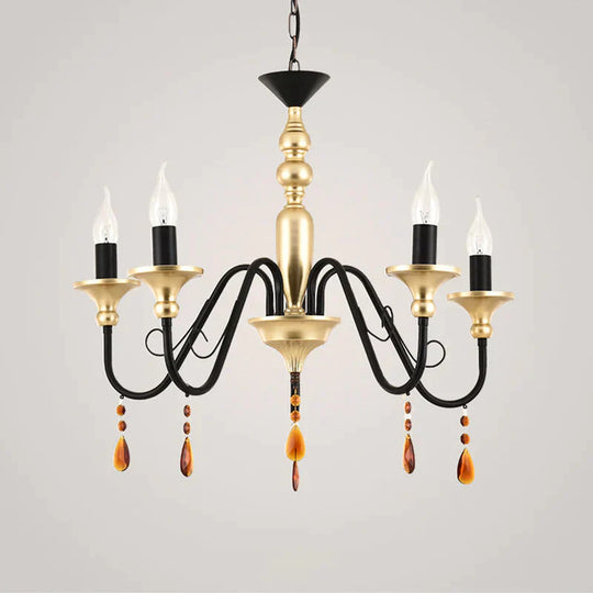 Metal Black - Gold Hanging Light Candelabra 3/5/8 Heads Farmhouse Pendant Chandelier With Amber