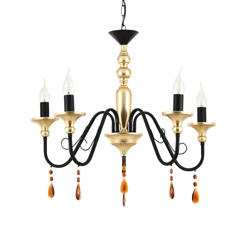 Metal Black - Gold Hanging Light Candelabra 3/5/8 Heads Farmhouse Pendant Chandelier With Amber