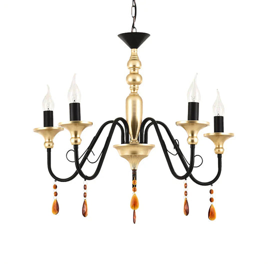 Metal Black - Gold Hanging Light Candelabra 3/5/8 Heads Farmhouse Pendant Chandelier With Amber