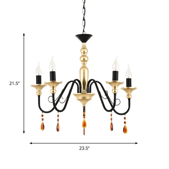 Metal Black - Gold Hanging Light Candelabra 3/5/8 Heads Farmhouse Pendant Chandelier With Amber