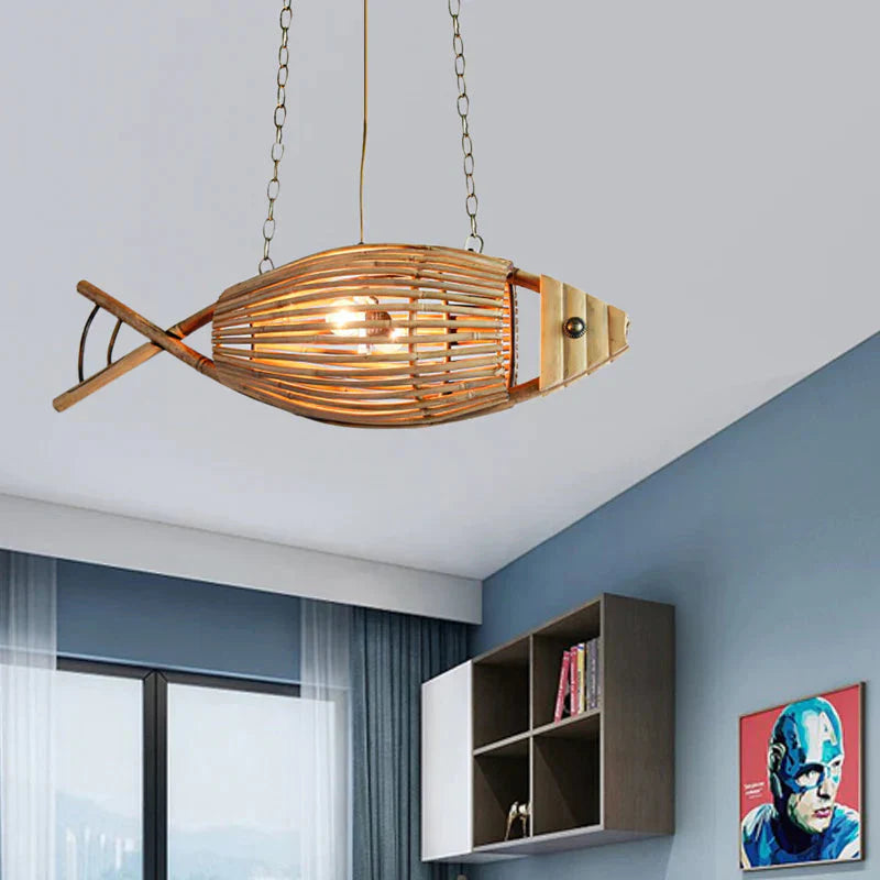 Coastal Style Fish Shaped Chandelier Light Fixture Bamboo 1 Bedroom Suspension Lamp In Beige