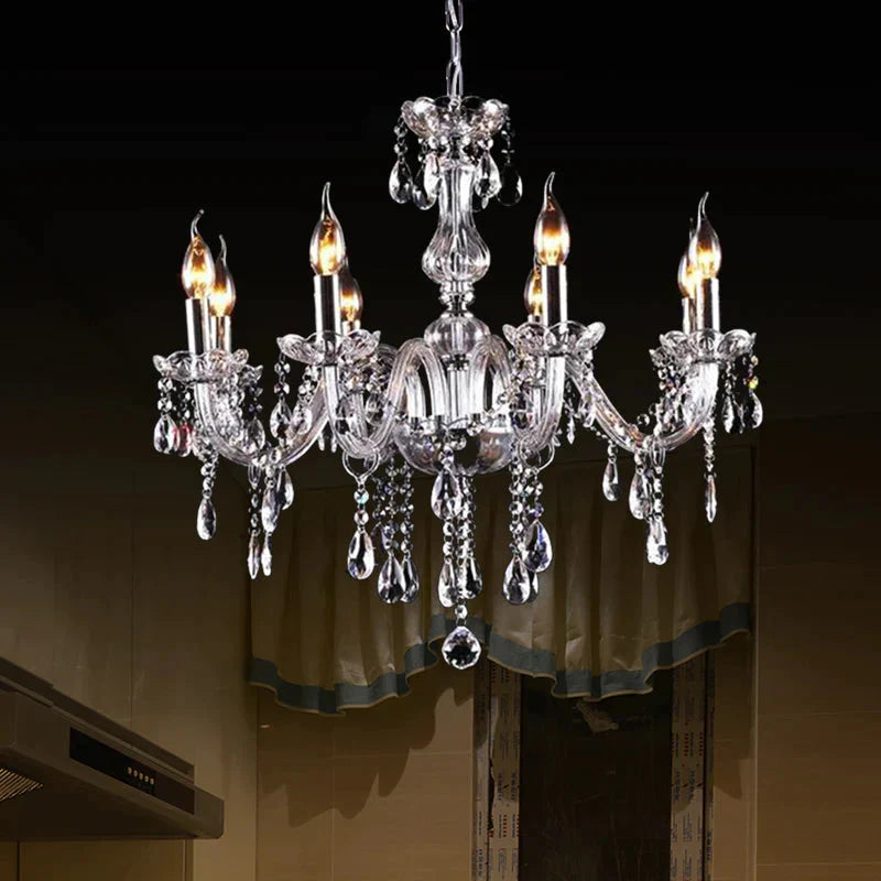 Glam Candle - Style Curving Arm Chandelier Crystal Strands In Chrome Finish