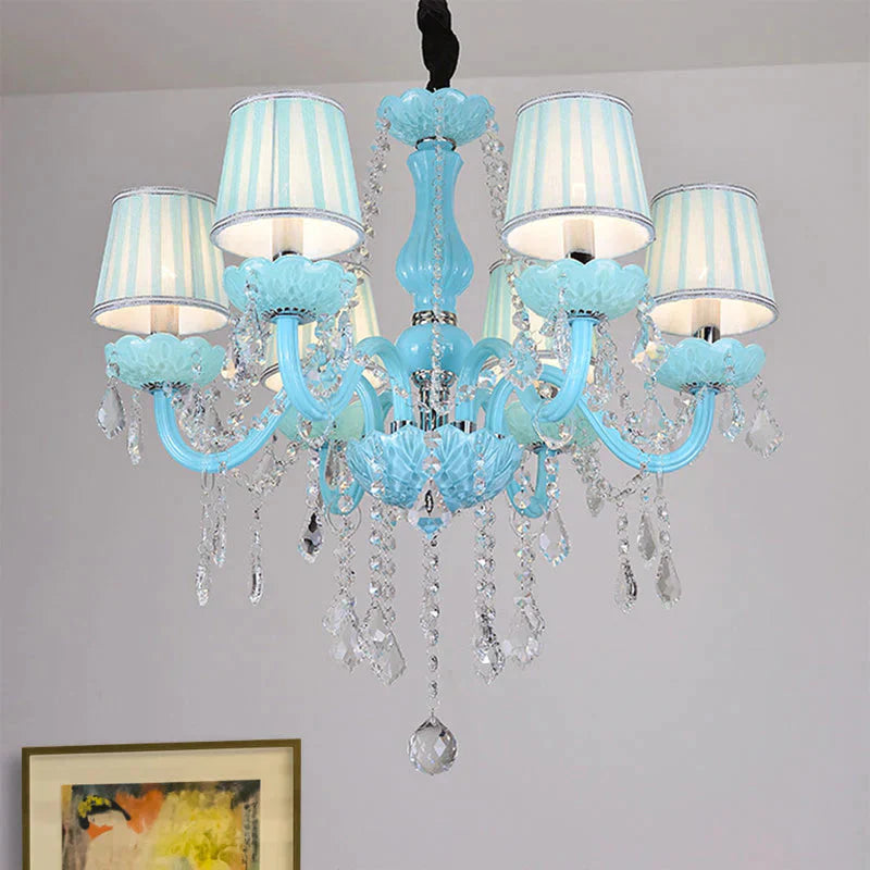 Blue Candle - Style Curved Arm Chandelier Clear Crystal Strands Ceiling Light