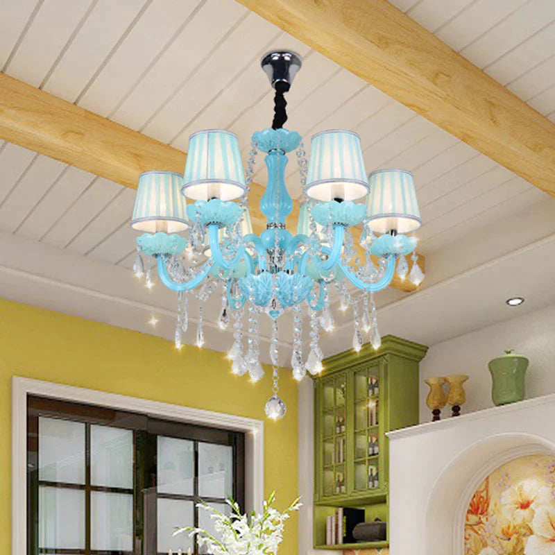 Blue Candle - Style Curved Arm Chandelier Clear Crystal Strands Ceiling Light