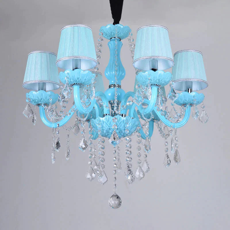 Blue Candle - Style Curved Arm Chandelier Clear Crystal Strands Ceiling Light