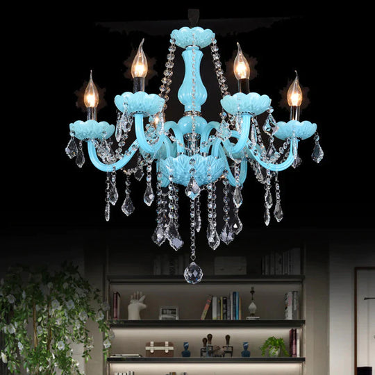 Blue Candle - Style Curved Arm Chandelier Clear Crystal Strands Ceiling Light / Shadeless