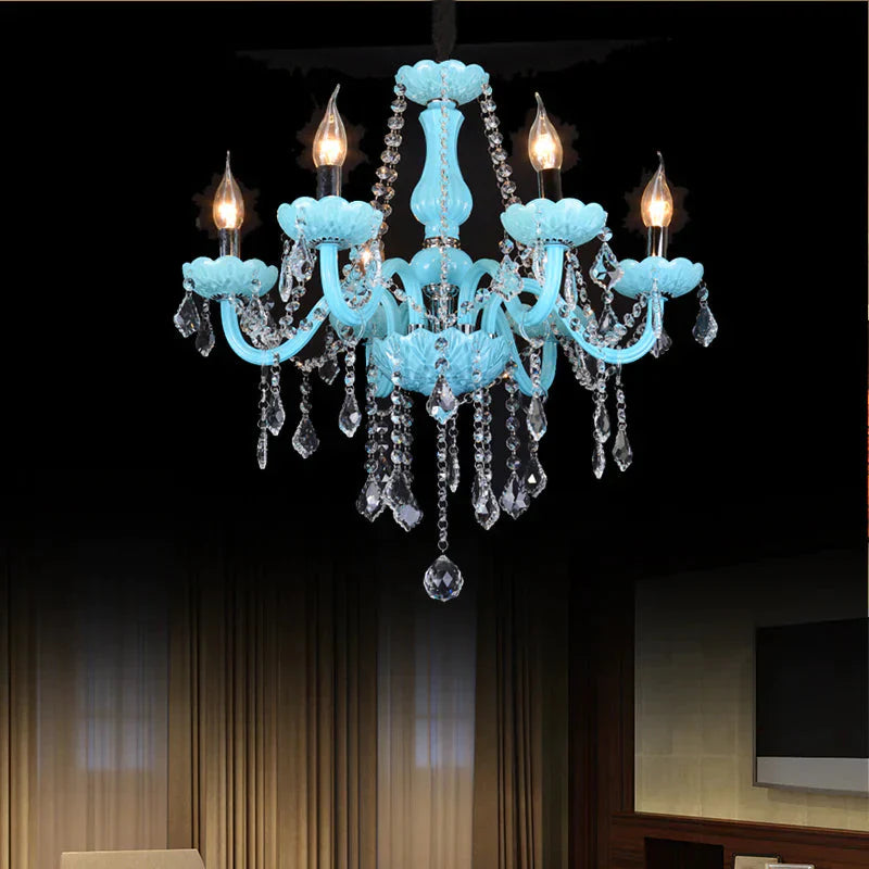 Blue Candle - Style Curved Arm Chandelier Clear Crystal Strands Ceiling Light