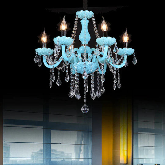 Blue Candle - Style Curved Arm Chandelier Clear Crystal Strands Ceiling Light