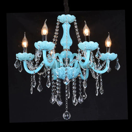 Blue Candle - Style Curved Arm Chandelier Clear Crystal Strands Ceiling Light
