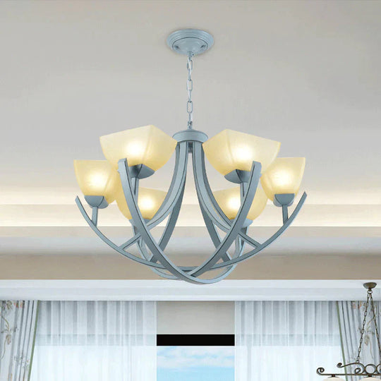 Frosted Glass Trapezoid Hanging Lamp Kit Simple 6 - Head Chandelier Light Fixture With Curved Arm