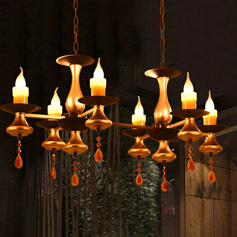 Traditional Iron Bellied Oval Vase Hanging Lamp With Resin Candle 3/5/6 Lights Golden Chandelier 6 /