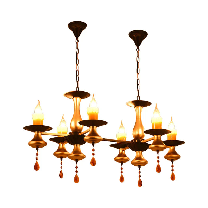 Traditional Iron Bellied Oval Vase Hanging Lamp With Resin Candle 3/5/6 Lights Golden Chandelier