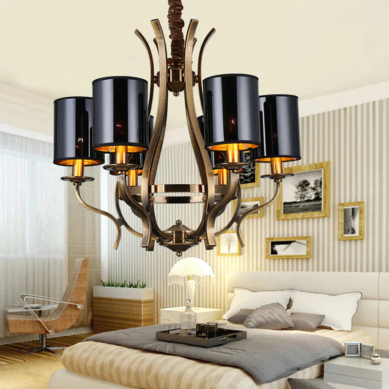 6/8 Lights Cylinder Chandelier Farmhouse Black Fabric Hanging Ceiling Lamp With Iron Vase Design
