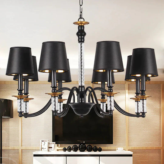 3/5/6 Lights Linen Chandelier Traditional Black Conical Living Room Suspended Lighting Fixture