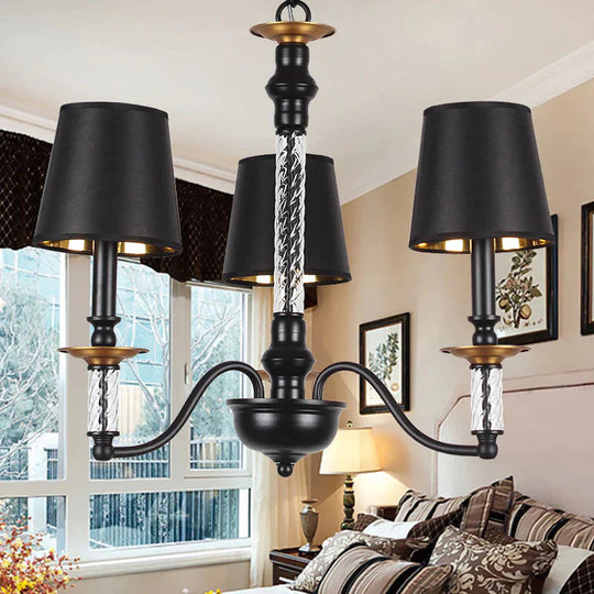 3/5/6 Lights Linen Chandelier Traditional Black Conical Living Room Suspended Lighting Fixture