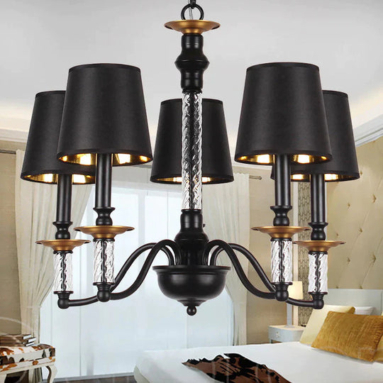 3/5/6 Lights Linen Chandelier Traditional Black Conical Living Room Suspended Lighting Fixture