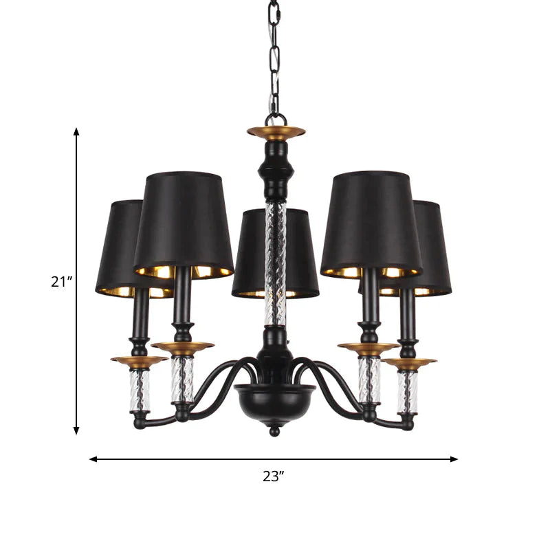 3/5/6 Lights Linen Chandelier Traditional Black Conical Living Room Suspended Lighting Fixture