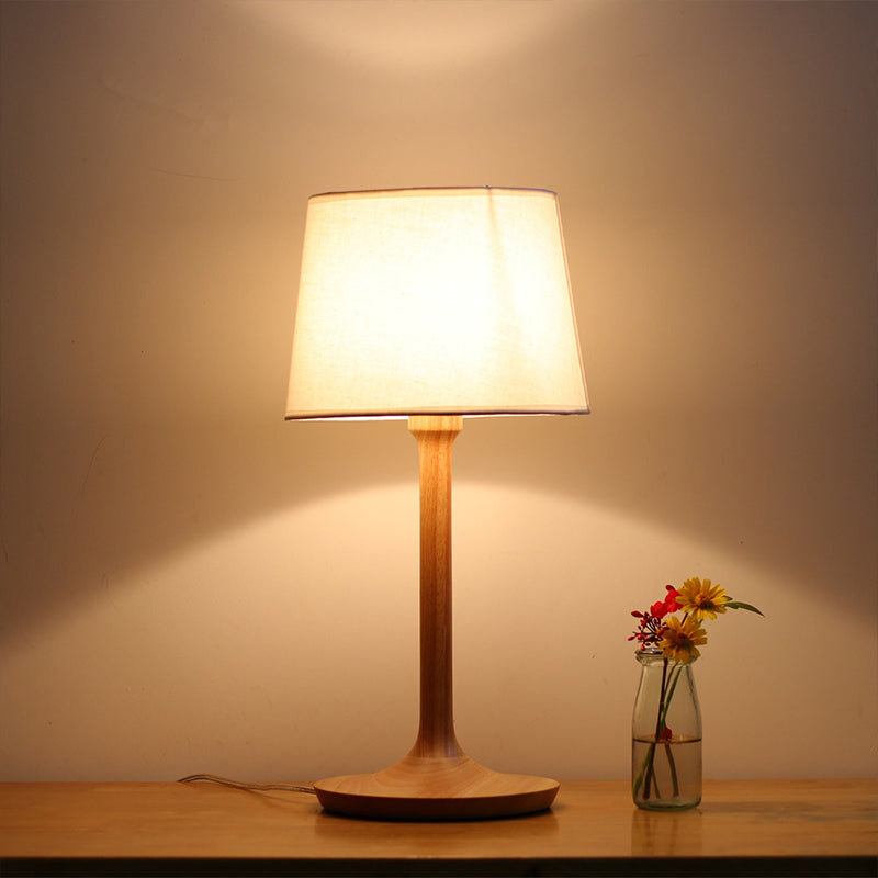 Stefania - Minimal Wood Nightstand Lamp With Bucket Fabric Shade
