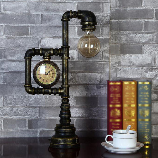 Grace - Retro Plumbing Pipe Night Light 1 Head Iron Table Lighting With Clock In Bronze For Bedroom