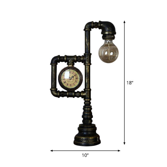 Grace - Retro Plumbing Pipe Night Light 1 Head Iron Table Lighting With Clock In Bronze For Bedroom