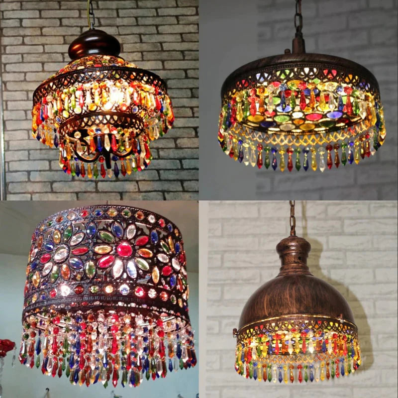 Drum Metallic Suspension Lamp Bohemian 3 Heads Living Room Chandelier Light With Crystal Deco In Red