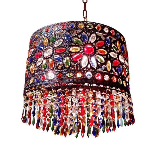 Drum Metallic Suspension Lamp Bohemian 3 Heads Living Room Chandelier Light With Crystal Deco In Red