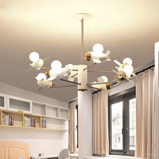 Airplane Pendant Chandelier Cartoon Metal 5/8 Heads White Hanging Light Fixture For Kids Bedroom