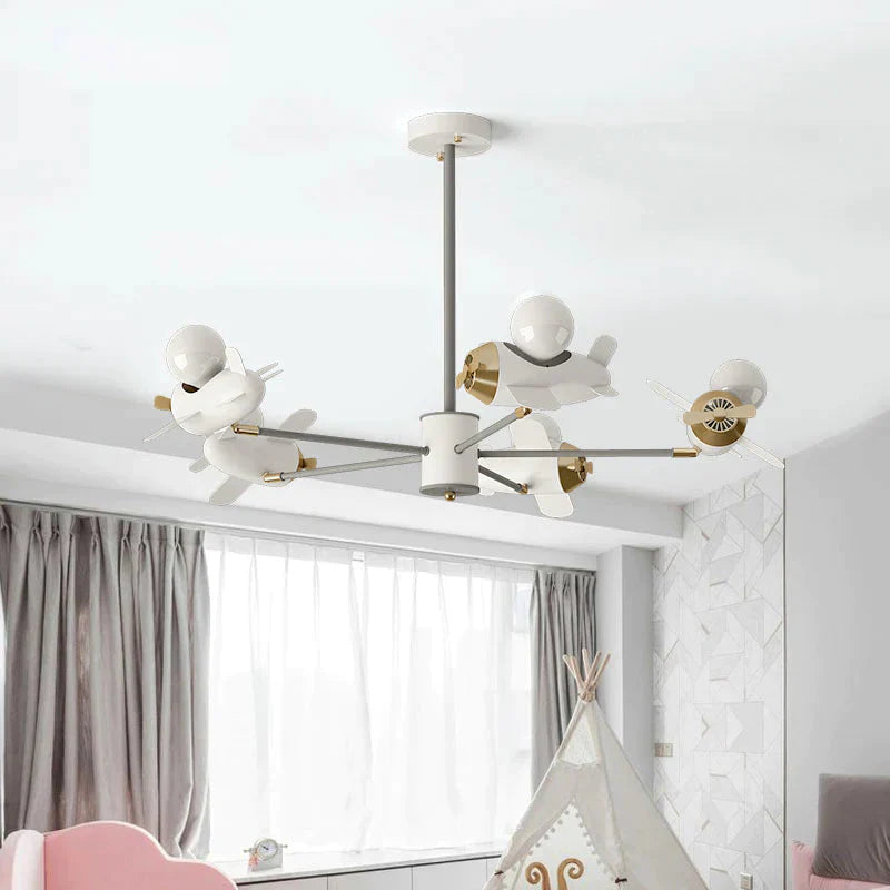 Airplane Pendant Chandelier Cartoon Metal 5/8 Heads White Hanging Light Fixture For Kids Bedroom