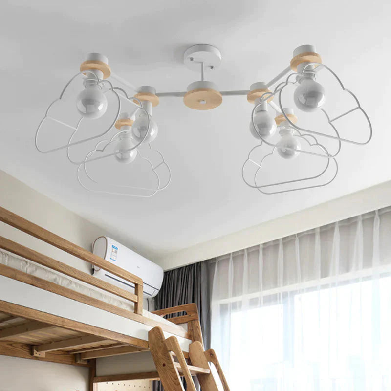 6 - Light Bedroom Hanging Chandelier Cartoon White Pendant Lamp With Cloud/Star Iron Cage And Wood