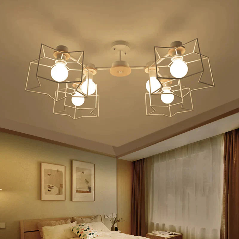 6 - Light Bedroom Hanging Chandelier Cartoon White Pendant Lamp With Cloud/Star Iron Cage And Wood