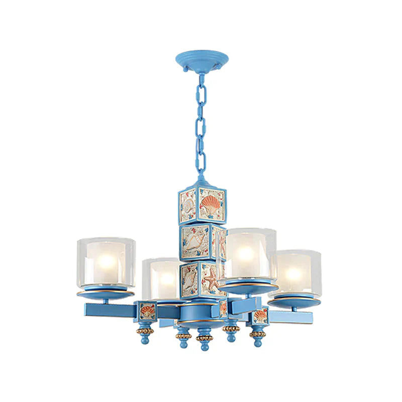 Cartoon Cylinder Pendant Lamp With Shell Deco Metal 4 Lights Blue Chandelier For Kindergarten