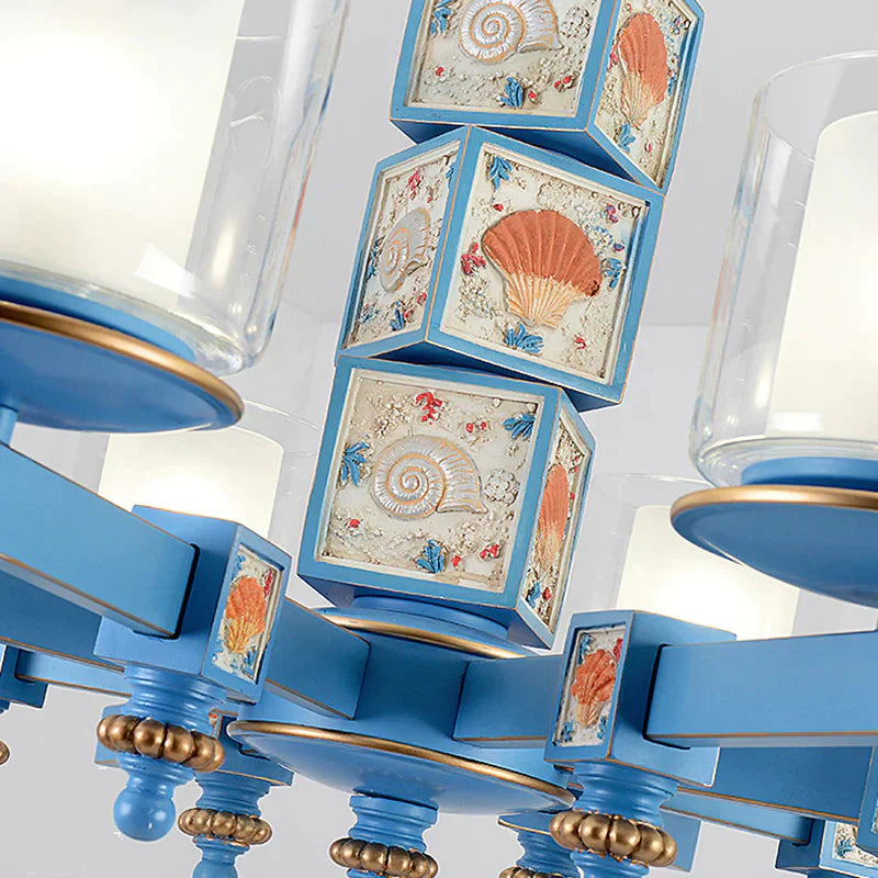 Cartoon Cylinder Pendant Lamp With Shell Deco Metal 4 Lights Blue Chandelier For Kindergarten