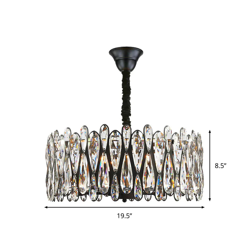 Black Drum Shaped Pendant Light Modern Crystal Teardrop 6 - Bulb Dining Room Chandelier